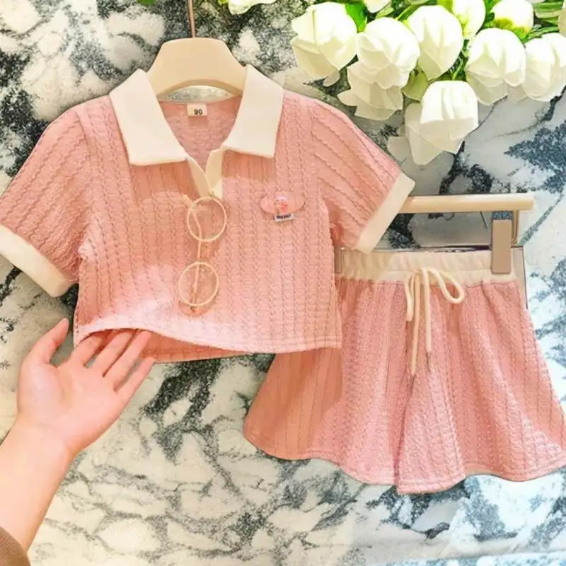 

Summer New Girls Turn-down Collar Contrast Color Screw Thread Loose Sweet Short Sleeve Patchwork Elastic Drawstring Shorts Set