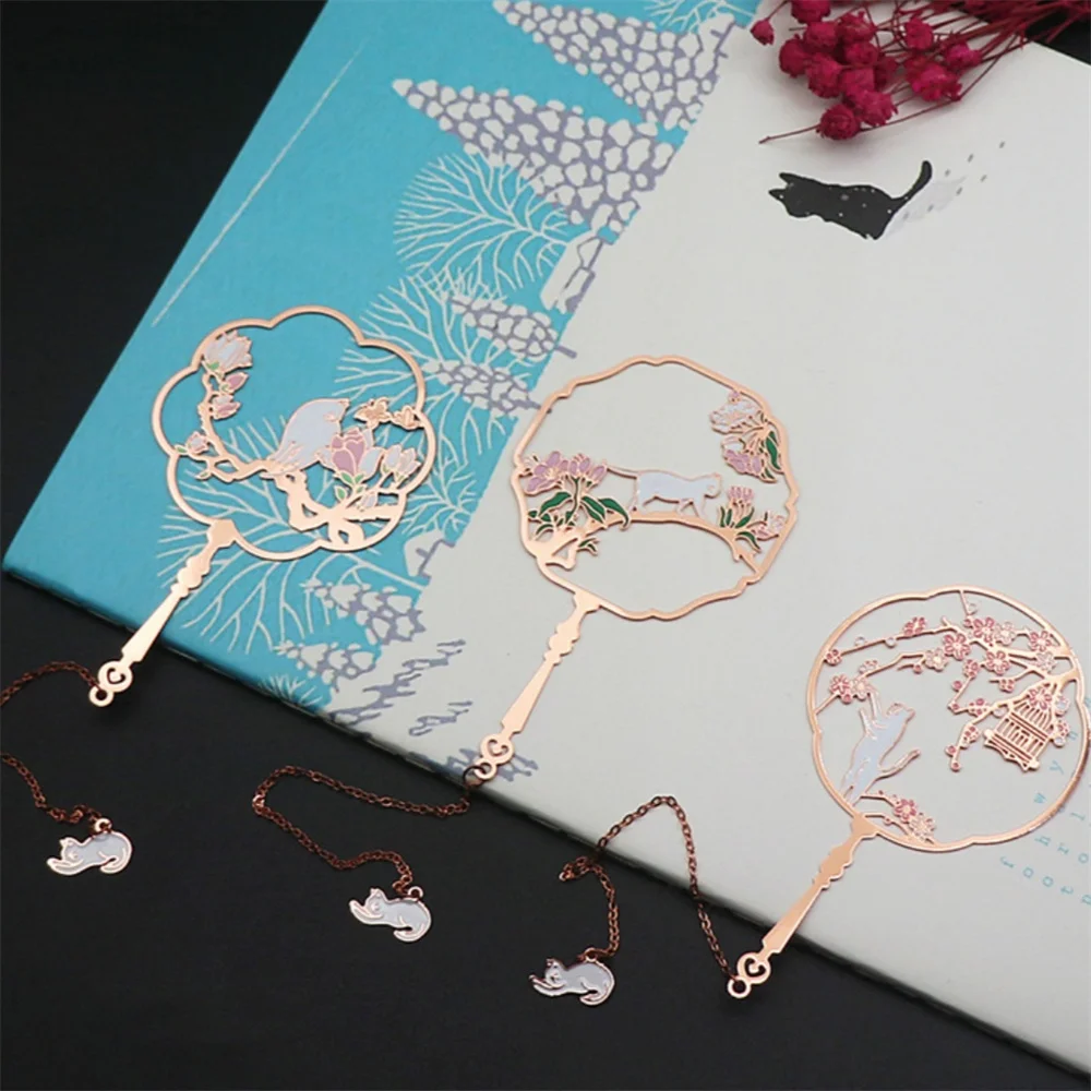 Chinese Style Handmade Book Mark Golden Rose Flower Cat Bookmarks Reading Marker For Book Lover Gifts For Friend Collection