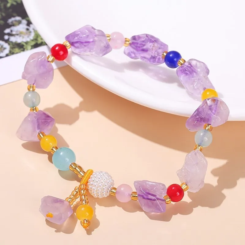 Jd Naturstein unregelmäßigen Amethyst mehrfarbigen Steins trang Armband Frauen Bohe Stil rauen Kristall Heilung Handgelenk Schmuck