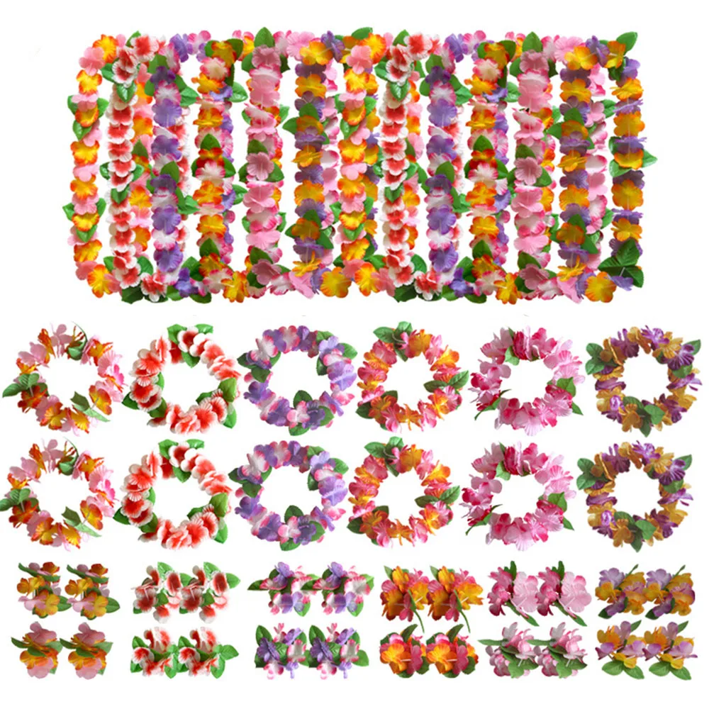 4pcs/set Hawaiian Party Artificial Flowers Leis Necklace Hawaii Summer Beach Flower Wreath Garland Aloha Wedding Birthday Decor