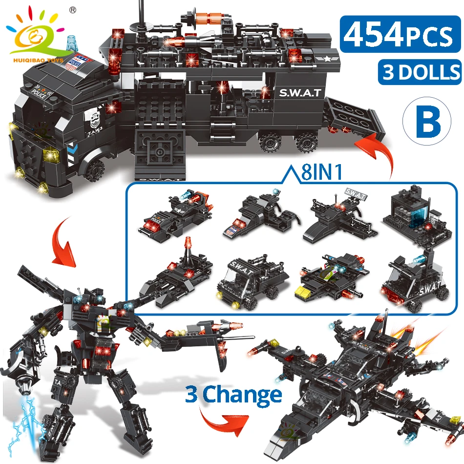 HUIQIBAO 454-695PCS 8in1 SWAT 경찰 명령 트럭 빌딩 블록 도시 헬리콥터 벽돌 키트 교육 완구