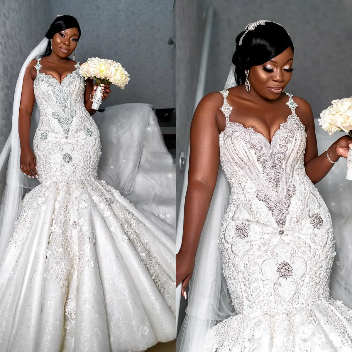 

Crystal Mermaid Wedding Dresses Plus Size Luxury Beaded Court Train Bridal Gowns South African Lace Robes De Mariée