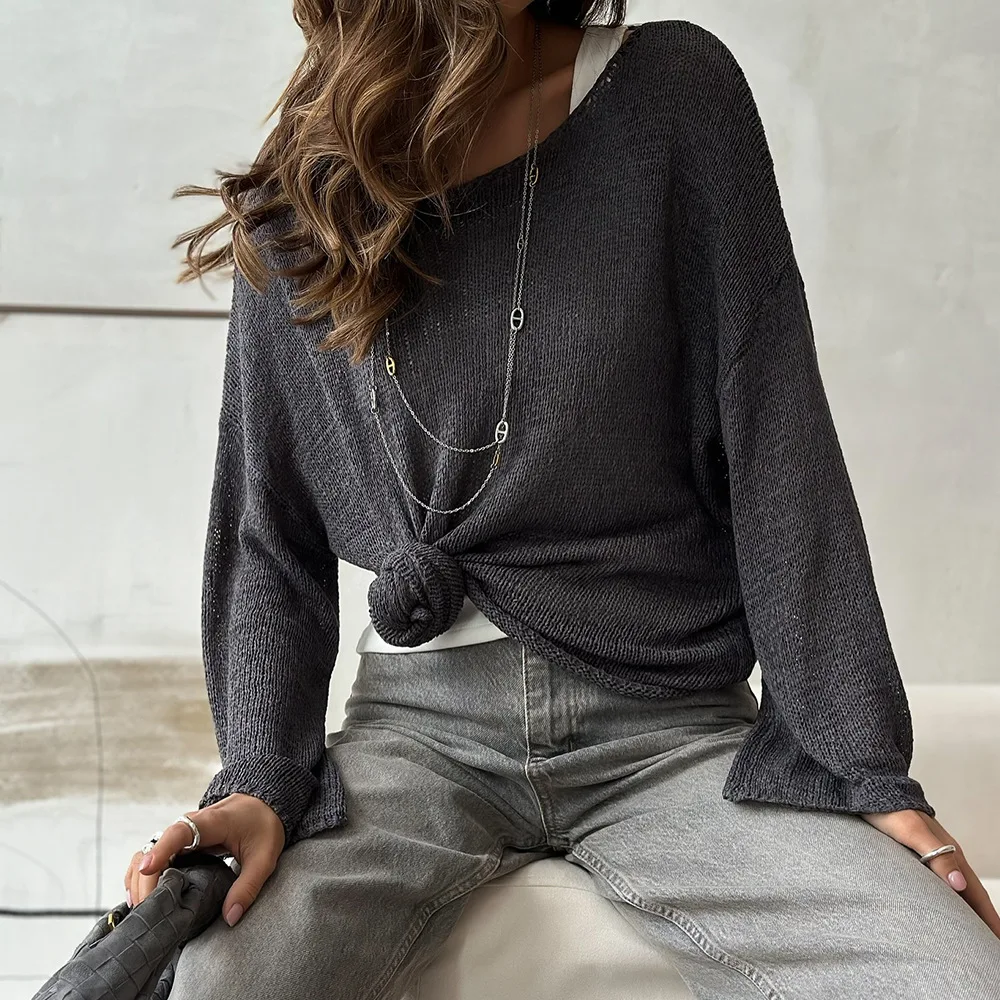 Women's Simple Solid Color Long Sleeve Sweater Spring Knitted Hollow Top Loose Casual Versatile Pullover
