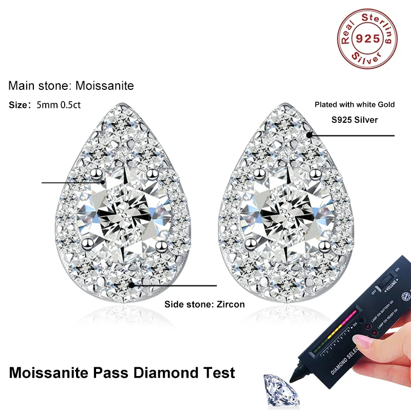 Tezzc 0.5ct Pear Cut Halo Moissanite Stud Earrings S925 Sterling Silver D Color VVS1 Bridal Earrings Wedding Party Jewelry Gift
