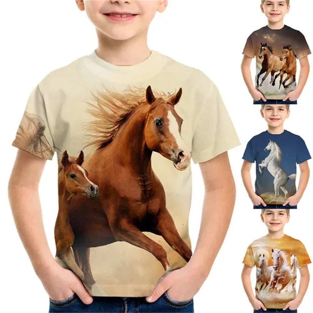 2024 Kids Clothes Children\'s Clothing Horse Print T-Shirt for a Boy Casual Baby Short Sleeves Tees Tops Children Summer Clothes