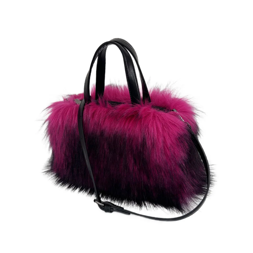 Winter Faux Fur Women\'s Boston Handbag Luxury Design Ladies Long Plush Tote Bag Bright Color