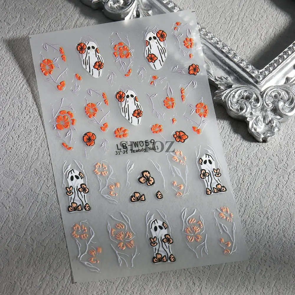 5D Flower Ghost Nail Stickers Spooky Halloween Decoration Cute Daisy Skull Sliders Fruit Spider Charms Manicure Decal LEBLB-W059