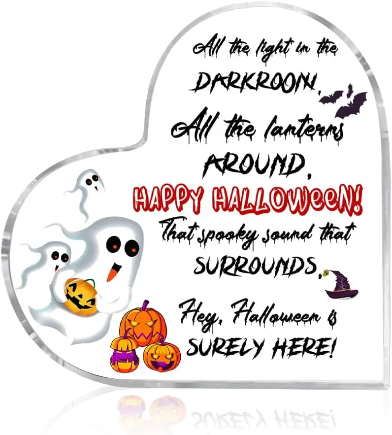Halloween Quote Heart Acrylic Keepsake Plaque, Trick‑or‑Treat Character Tabletop Decor