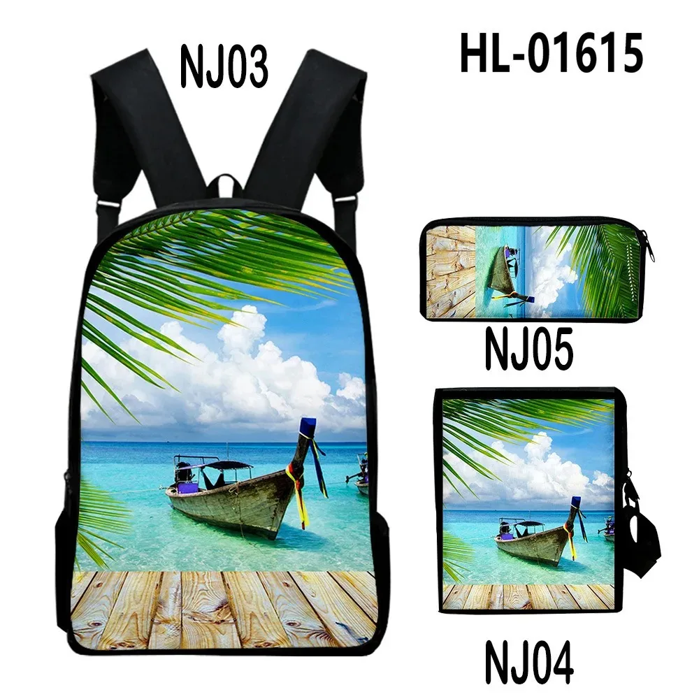 Backpack with 3d printing for laptop,3pcs/set,harajuku,summer,seaside scenery,laptop,backpack,shoulder bag,case