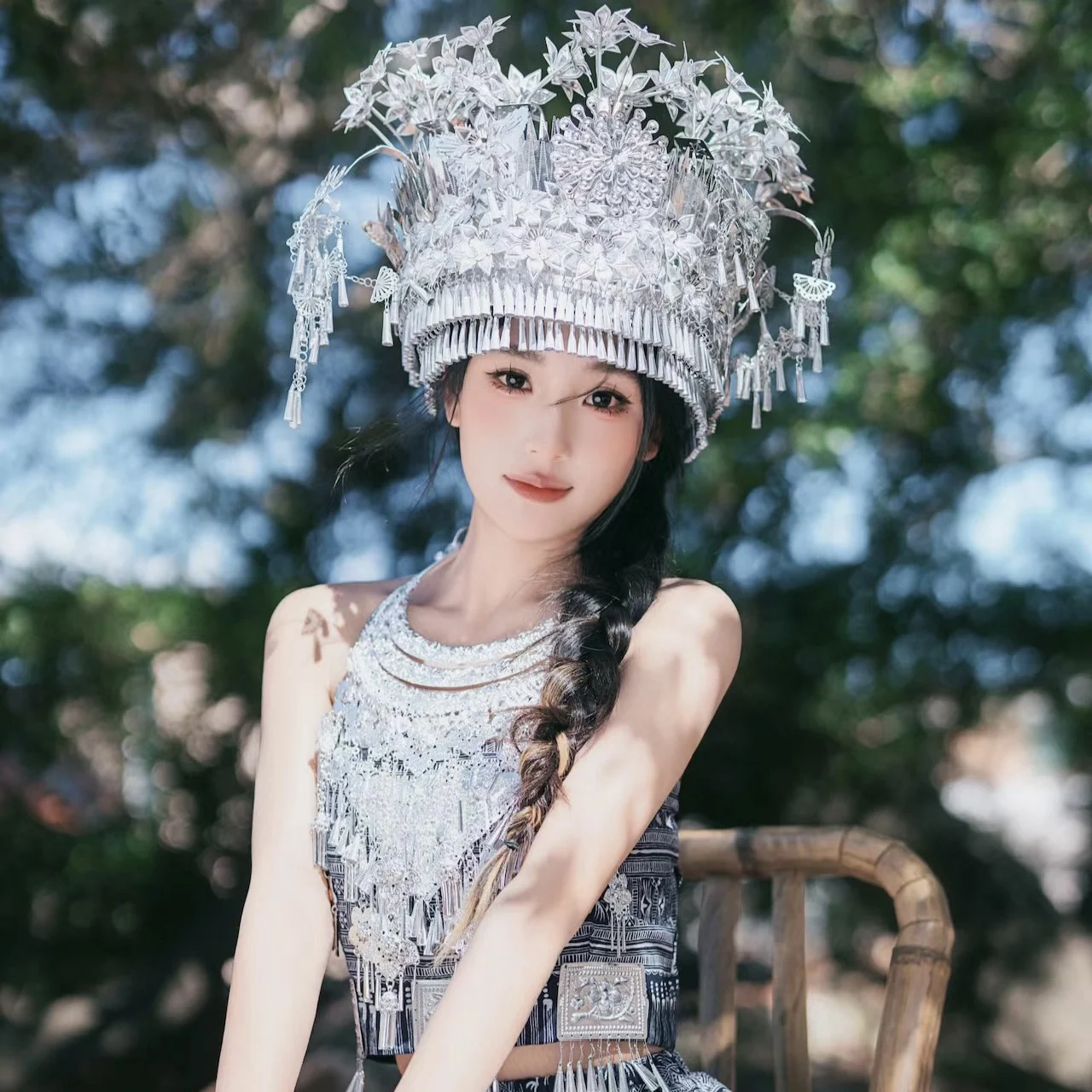 Ethnic Minority Style Trip Shoot  Miao Village Cover Imitation Silver Plated Hat a Tall Decorative Sichuan Province