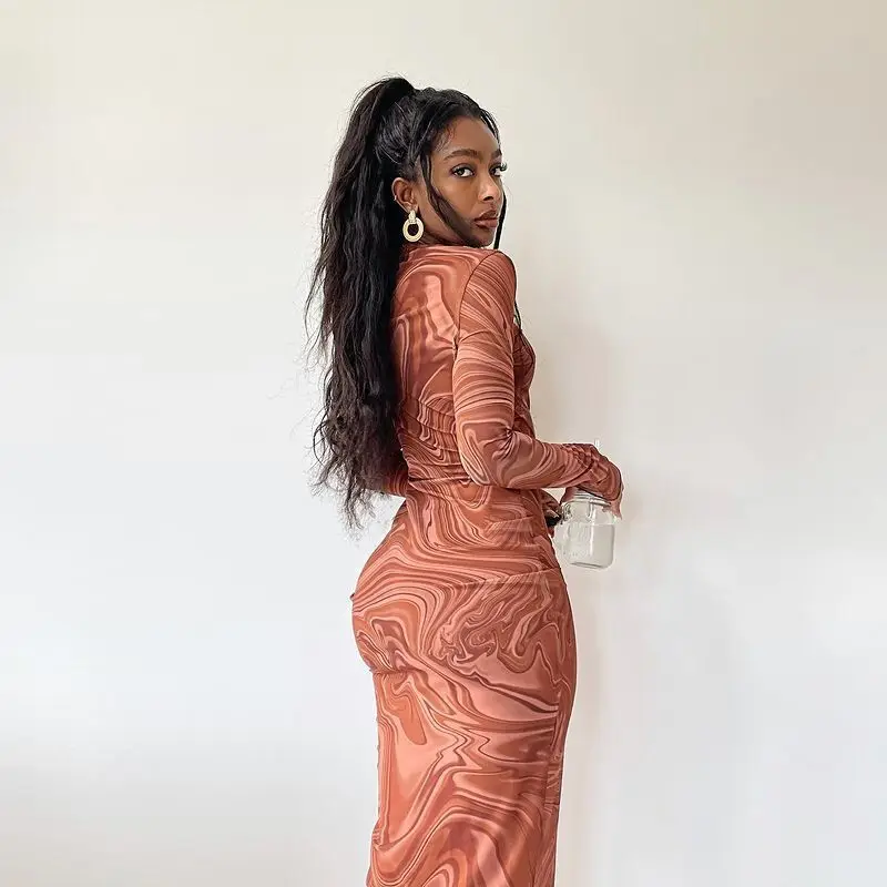 Langarm Bodycon Kleider Frauen Abend Party Kleidung Oansatz Mittlere Waden Sexy Vestidoes De Mujer Einem Stück Outfits Streetwear – Detail 6