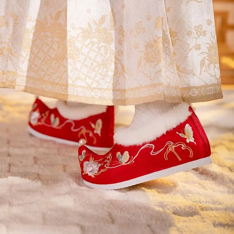Large Size 41# Hanfu Shoes Women Chinese Ancient Embroidery Shoes Winter Warm Fluff White Pink Hanfu Shoes Plus Size 34-41#