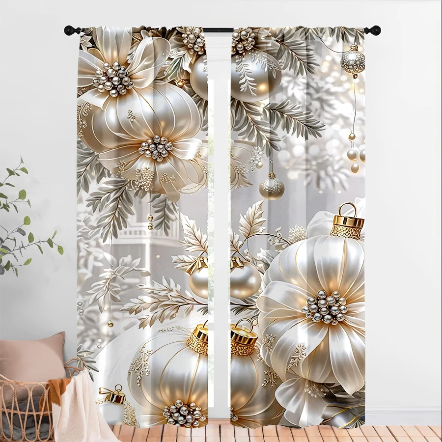 2PCS Christmas Digital Print Curtains, Silver White Poinsettia Gold Ornaments, Luxurious for Living Room Bedroom Window Decor