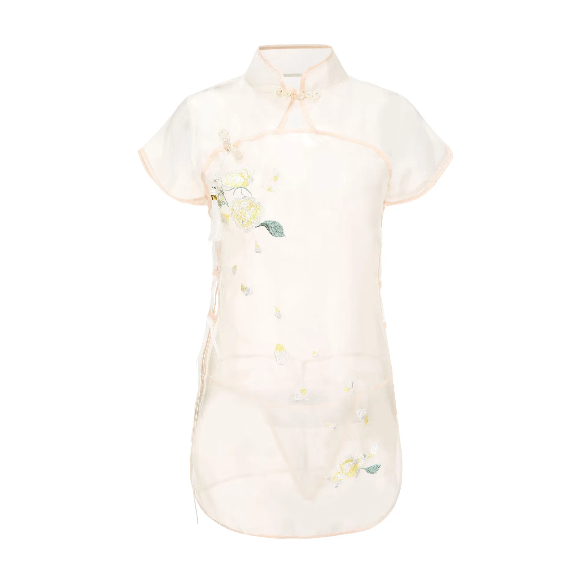 Sexy Cheongsam Suit Women's Vintage Skirt Embroidery Transparent Lace-Up Underwear Tassel Decorated Sleepwear Uniform Temptation