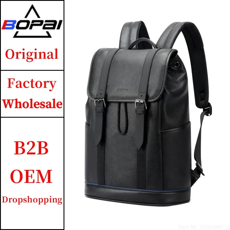 BOPAI Wholesale Customizable Daily Use Laptop Bag For Computer 15.6 Inch Man Travel Leather Durable Rucksack Hiking Casual Sport