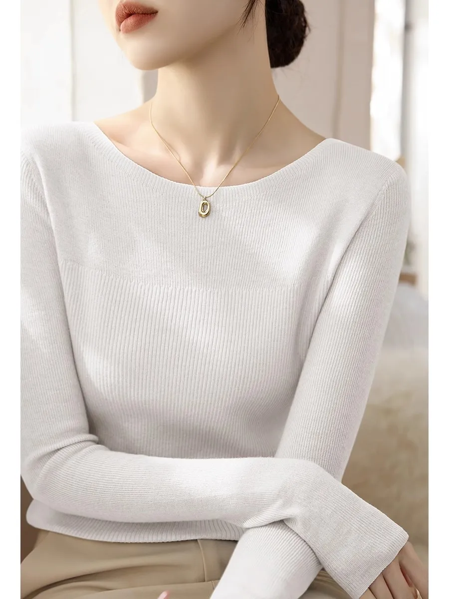 Advanced Knitted Long Sleeve Base Shirt Sweater Women's Autumn Winter New Pure Color One Shoulder Correct Shoulder Top