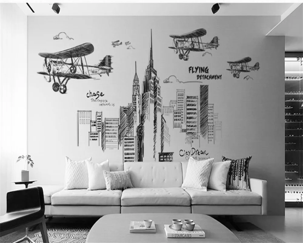 beibehang Custom Sketch Hand Drawn Large Art Background Urban Architecture Wallpaper papel de parede papier peint