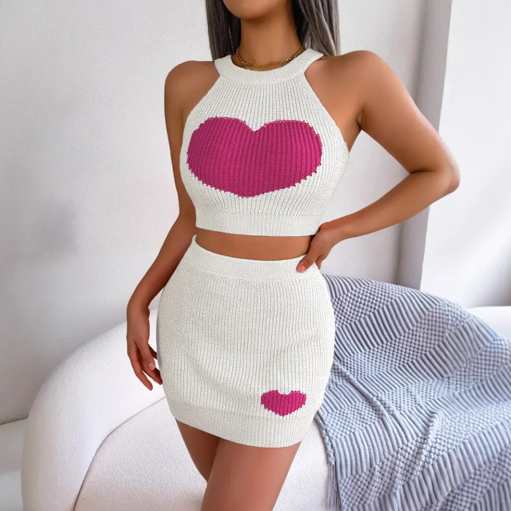 

Women's Spring Summer Love Color Contrast Navel Top Hip Skirt Suit Casual Leisure European American Style Independent Station