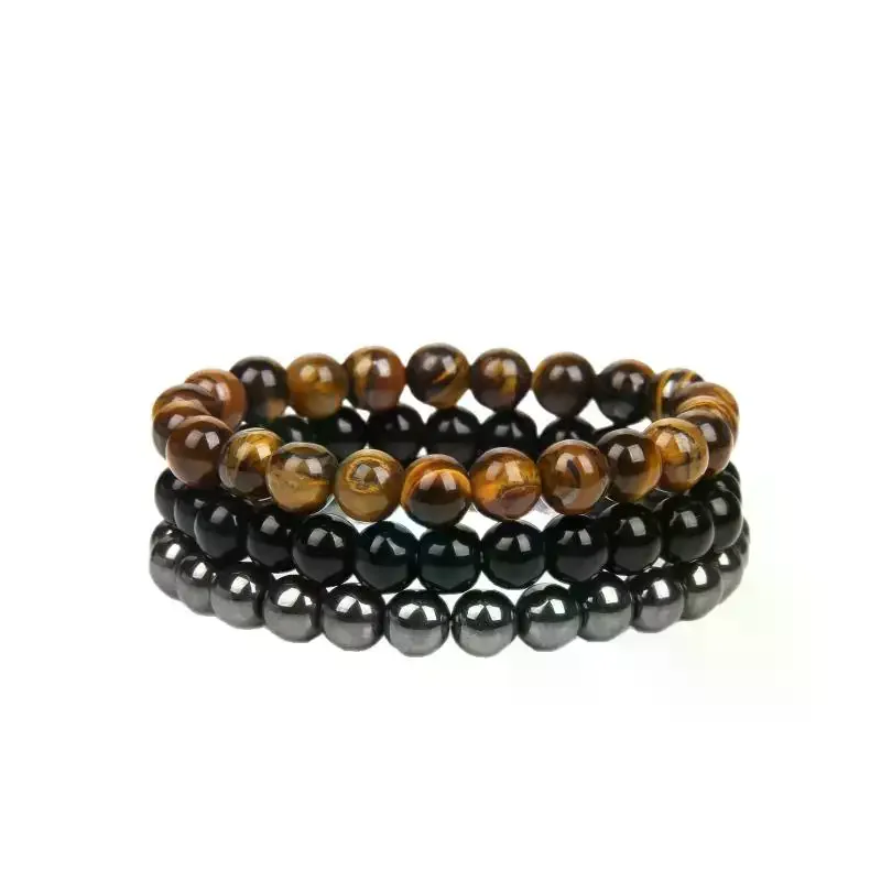 3 Pcs Set Bohemian Gemstone Bracelet Women Men Tiger Eye Black Obsidian Hematite Lucky Wealth Love Gift