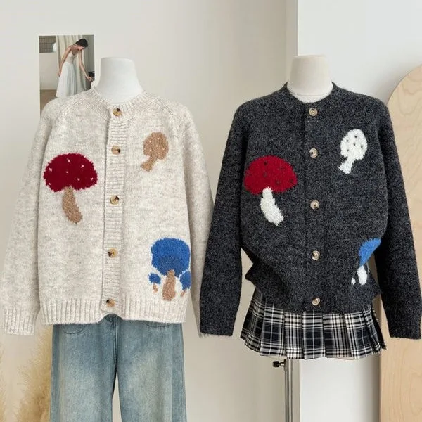 

Dopamine Design Mushroom Print Long Sleeved Knitted Cardigan Women's Autumn and Winter Korean Loose Lazy Style Sweater Jacket