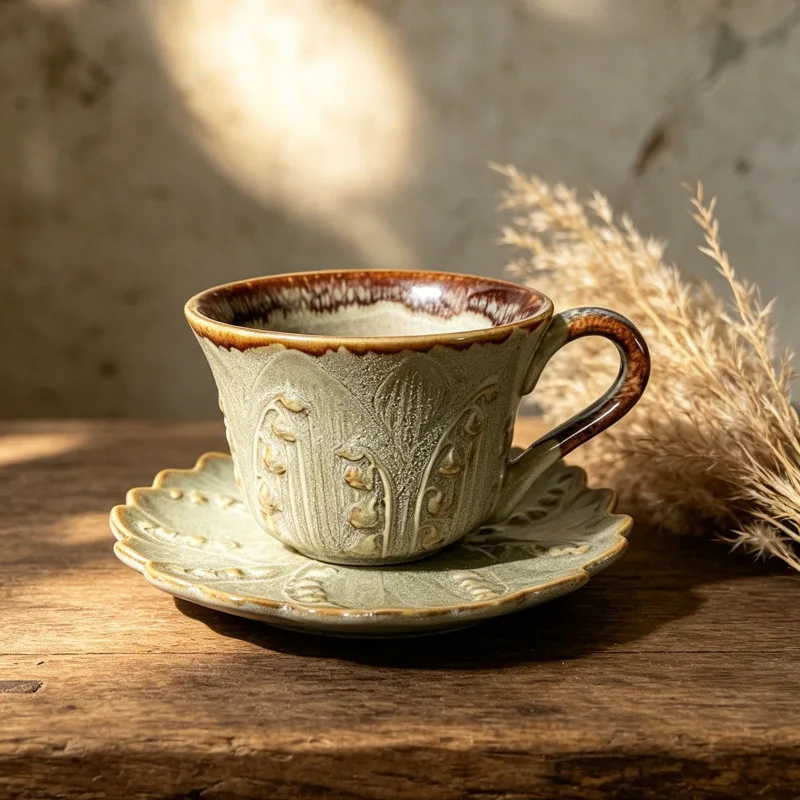 For Retro Coffee Cup and Saucer Ceramic Latte Cup High-end Exquisite Cup and Saucer Set