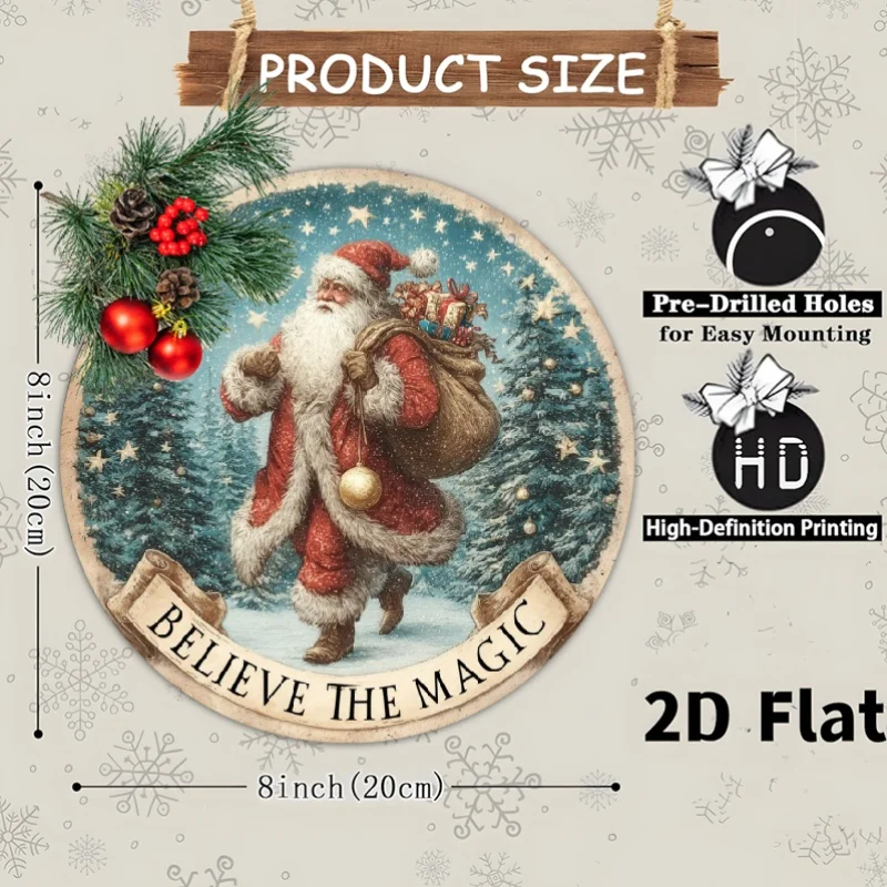لافتة حائط معدنية مسطحة ثنائية الأبعاد، قطعة واحدة من سانتا كلوز ثلجية لتقديم الهدايا - زينة عيد الميلاد من الألومنيوم الدائري ثنائية الأبعاد مع سانتا ومزلاج، #3