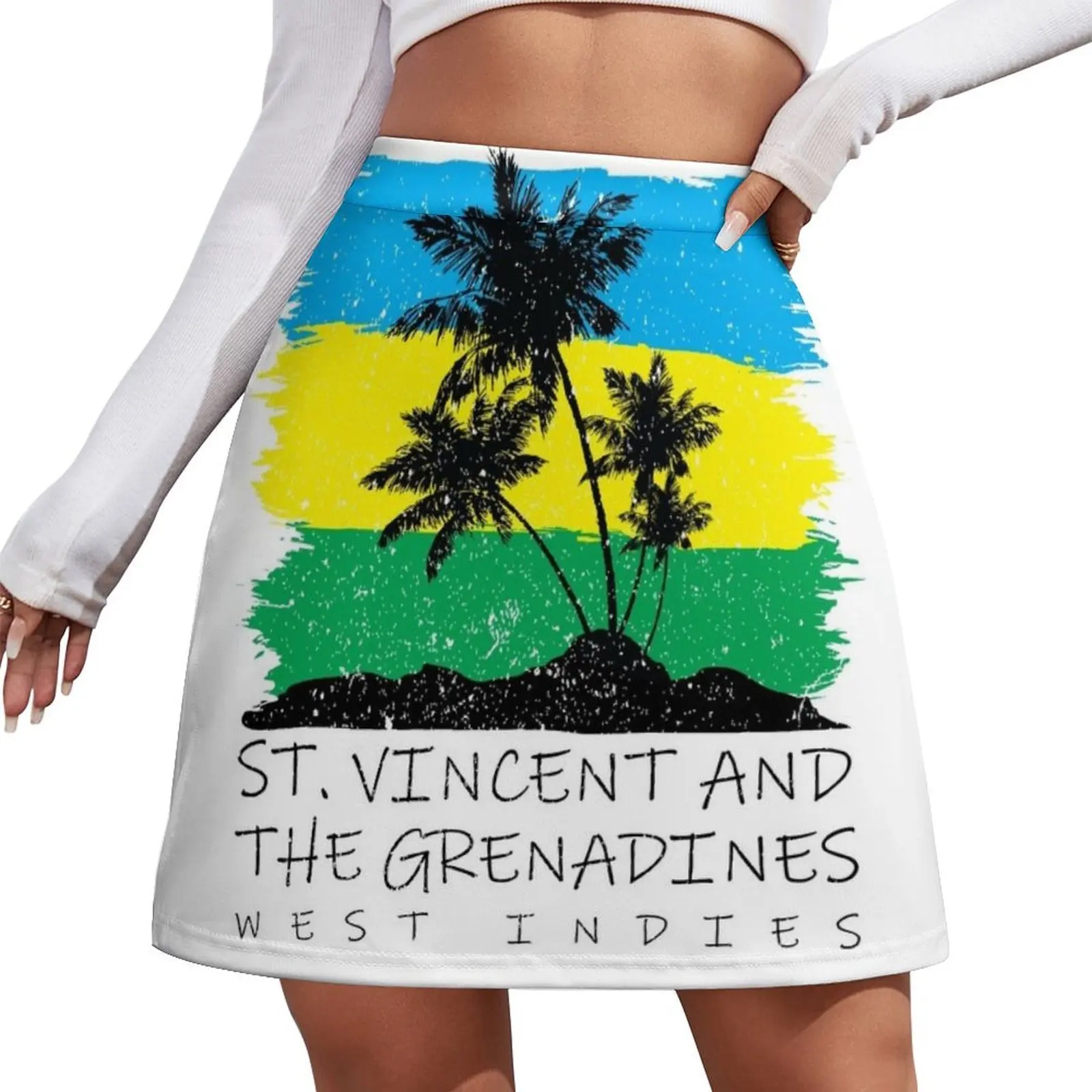 

Национальные цвета Сент-Винсента и Гренадины на фоне силуэта пальмы. Мини-юбка. Роскошные женские юбки.