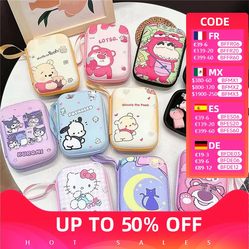 

Cute Hello Kitty Sanrio Anime Collection Card Storage Box Hard Case Y2K Earphone Bag Waterproof Data Cable Coin Protection Bag