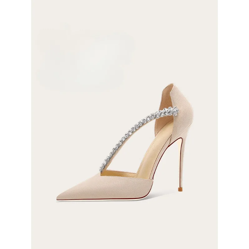 

New Women High Heels Beige Suede Rhinestone Hollow Out Sandals Fashion for Party