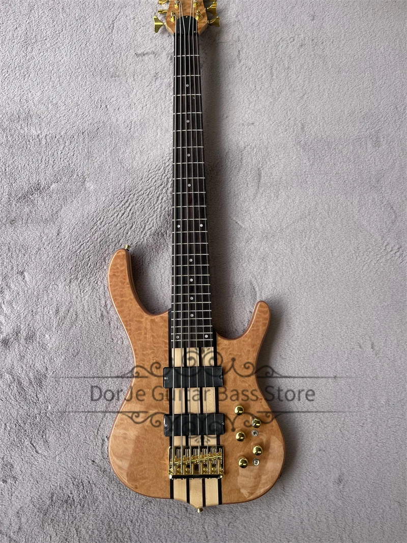 

6 Strings Bass Guitar S Bass Basswood Body Quilted Maple Top Rosewood Fingerboard Active Battery Fixed Bridge Gold Tuners