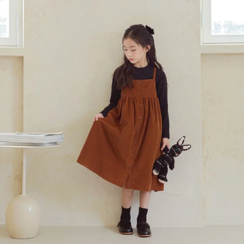 

New Girls Midi DressTeen Kids Corduroy Fall Dress Children Cotton Jumper Buttons Baby Clothes Suspenders Brown,#8001