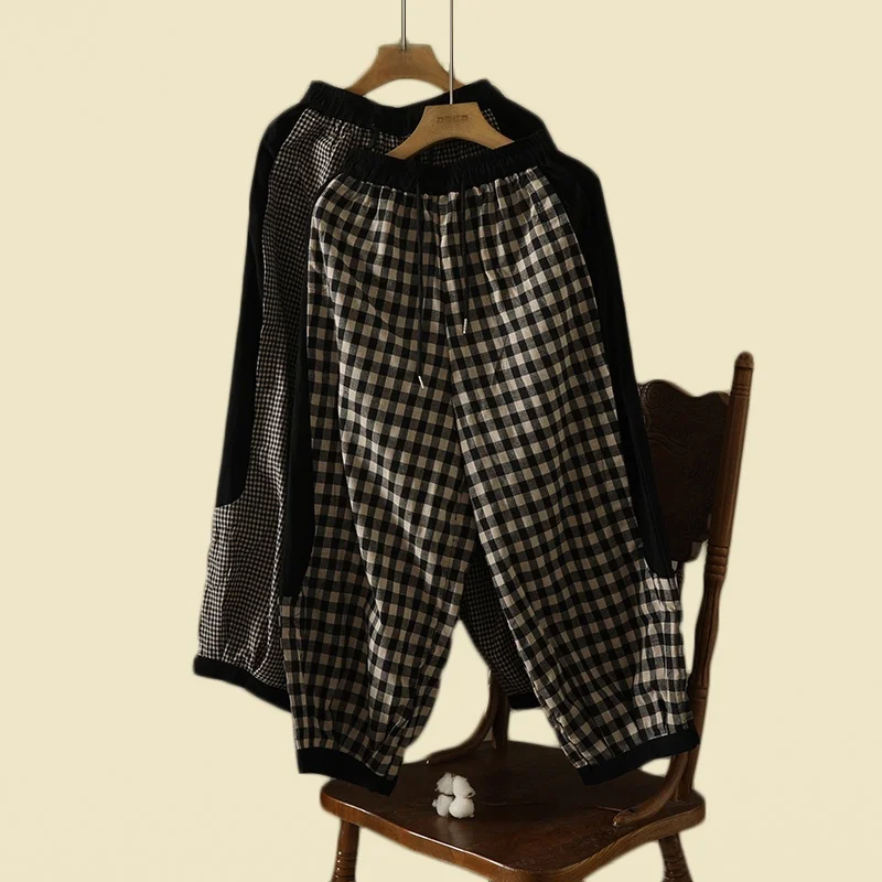 

Ретро контрастного цвета, хлопково-льняные повседневные брюки Харлан, женские брюки большого размера с высокой талией, тонкие брюки-фонарики с девятью точками