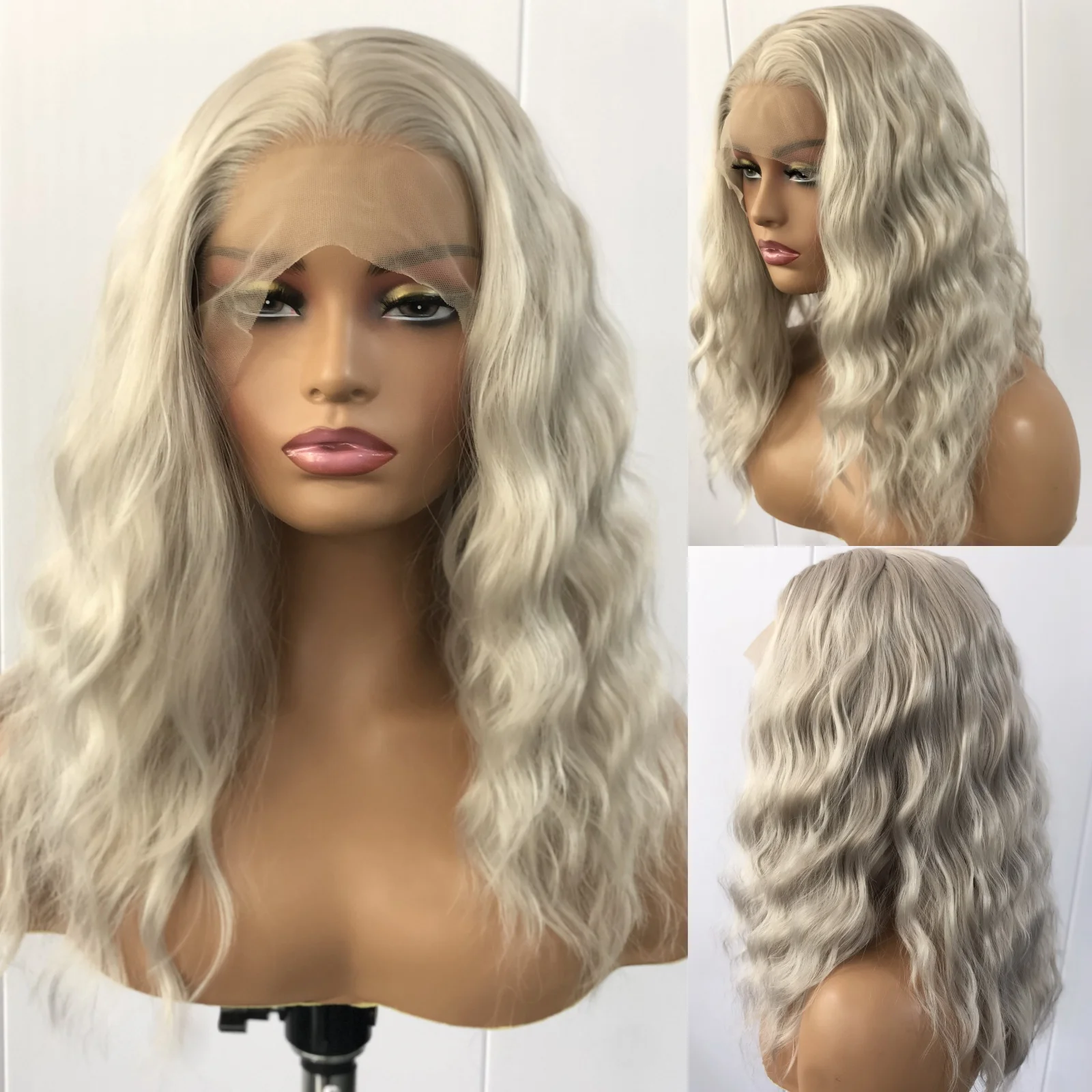 Short Curly Wavy Silver Grey Lace Front Wig Synthetic Hair Natural Deep Wave Gray Colored 13X4 Frontal Bob Wigs for Women Party