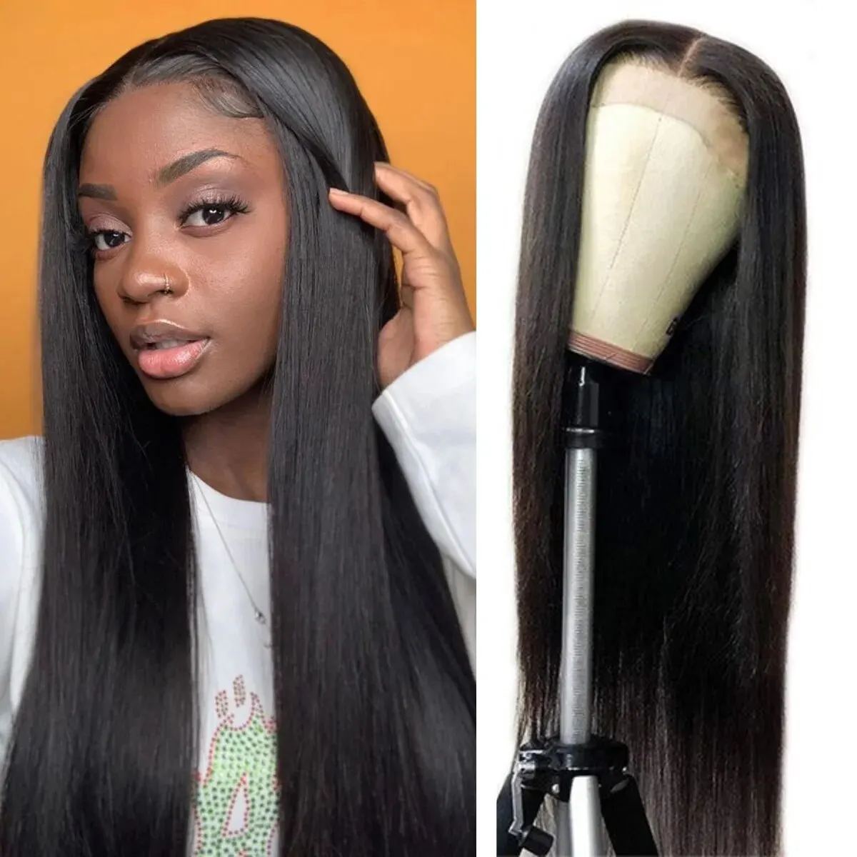 Perruque Lace Front Wig synthétique HD noire naturelle, longue et lisse, pre-plucked, sans colle, en Fiber résistante à la chaleur, pour femmes