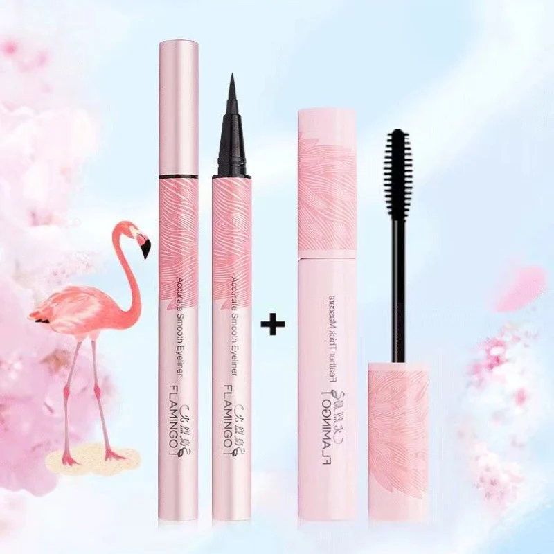 Flamingo Mascara Eyeliner Set Volume Mascara Zwarte Waterdichte Wimperverlenging Dikke Krullende Wimpers Borstel Schoonheid Make-Up