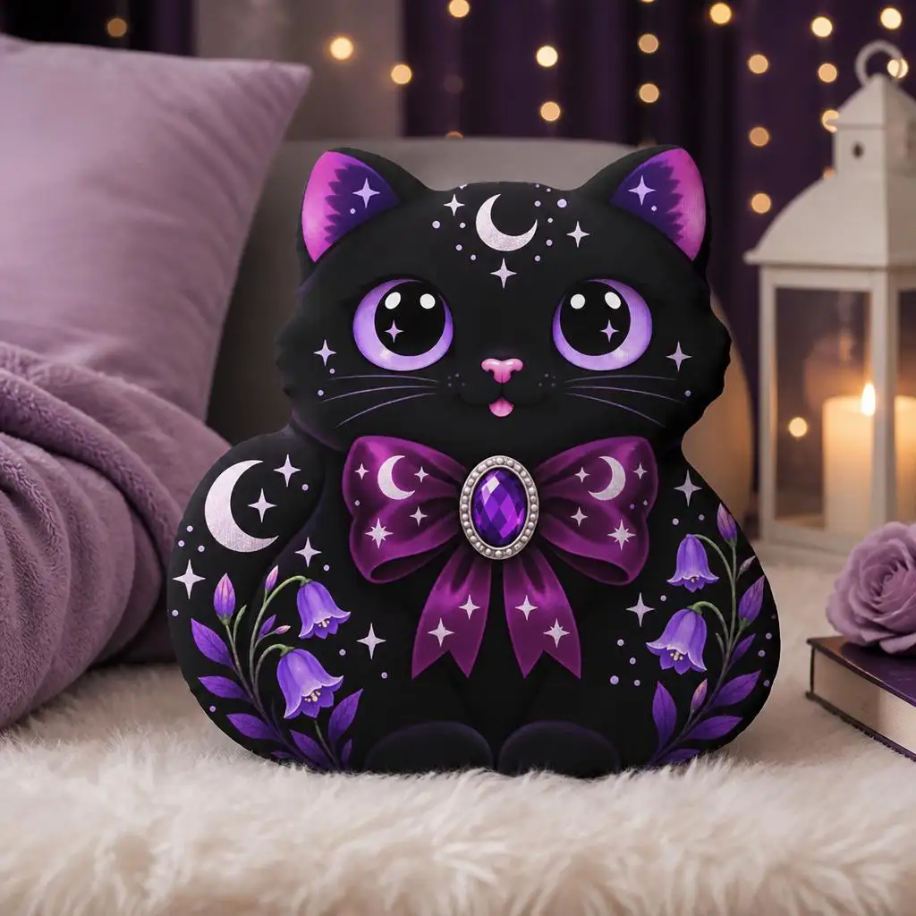 Cute Black Cat Shaped Throw Pillow Witchy Celestial Cushion Gothic Plush Stuffed Pillow Halloween Home Decor Cat Lover Gift