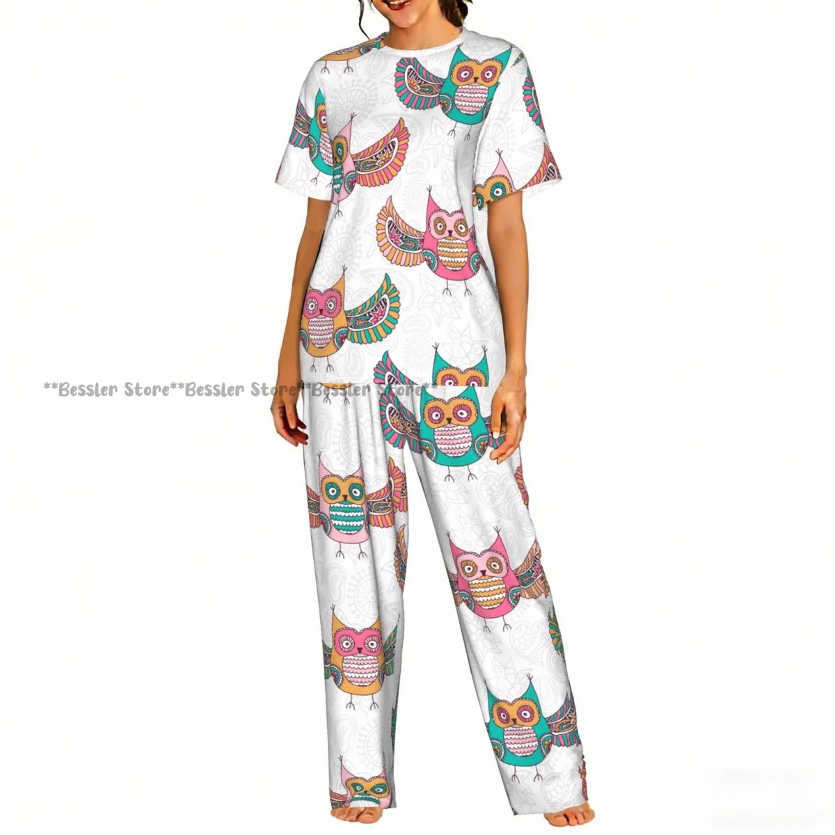 Women's 2-piece set Coloured Owls Pajamas Short sleeved Top and Pants Sleepwear