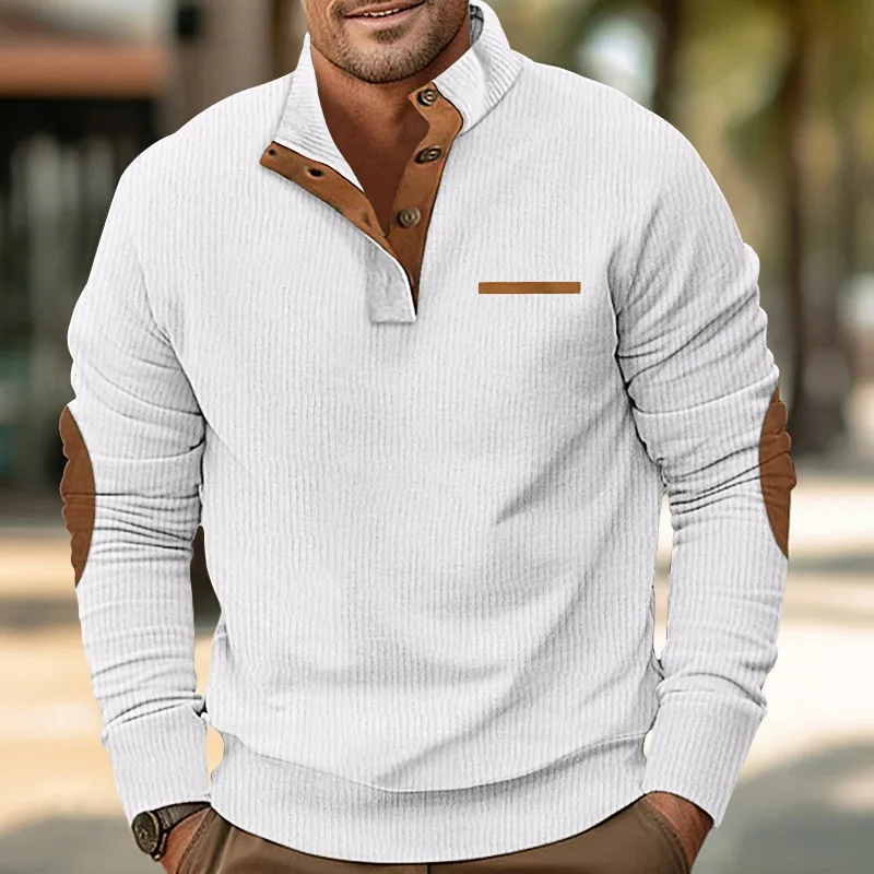 New Winter Men Corduroy Sweatshirt, Stand Collar Long Sleeve Casual Pullover With Fake Pockets Daily Street Tops