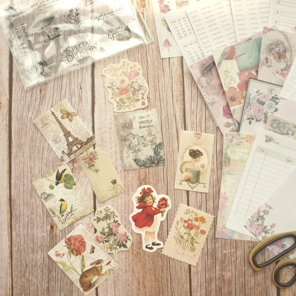 45 Pcs DIY Flower and Old Fashion Romance Theme Tag Mini Card Background Craft Paper Stamp Scrapbooking Creative Set Gift Use