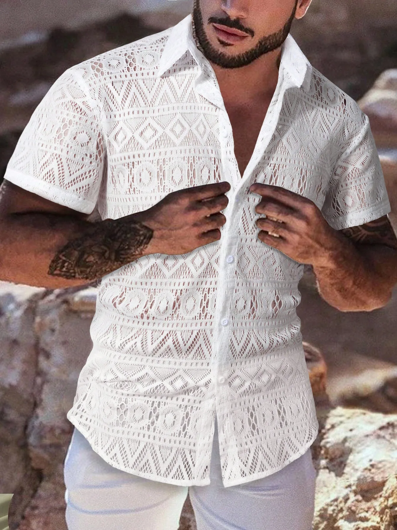 

Men's White Hollow-Out Lace Button-Up Short Sleeve Casual Shirt