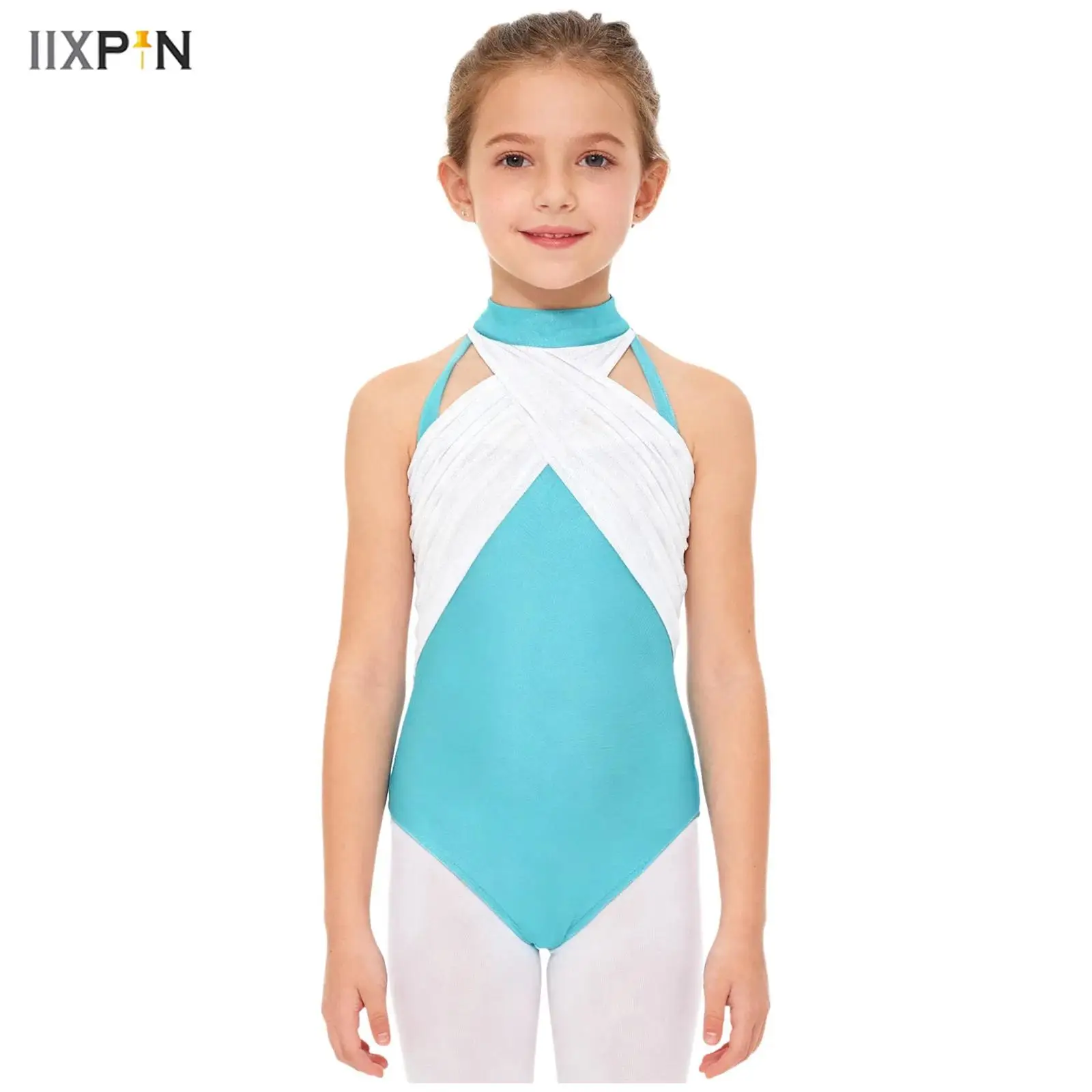 

Kids Girls Cross Ruched Shimmery Gymnastics Ballet Dance Leotard Mock Neck Sleeveless Lace Mesh Patchwork Cutout Back Bodysuit