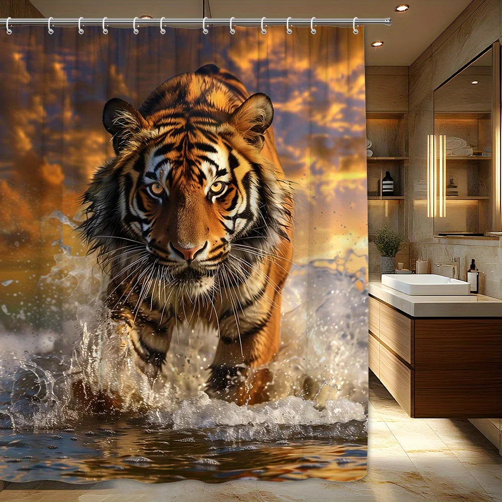 Realistic Tiger Walking in Water Shower Curtain, Wild Animal Waterproof Bath Curtain, Jungle Safari Bathroom Decor Art
