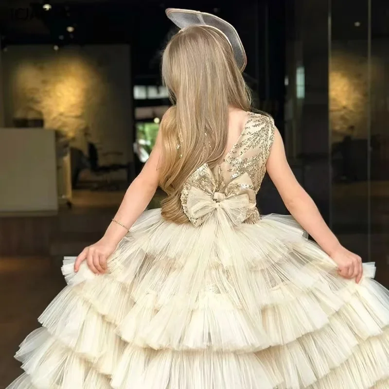 Girls Evening Dress Sleeveless Sequined Embroidery Gown Tiered Tulle Asymmetric Hem Formal Party Dress Kids Pageant Costume Wit image 2