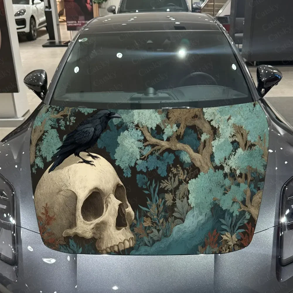 Elegant Teal-Tone Skull Raven Car Hood Sticker,Waterproof Self-Adhesive Vinyl Graphics Decals,Decor Auto Accessories Stickers