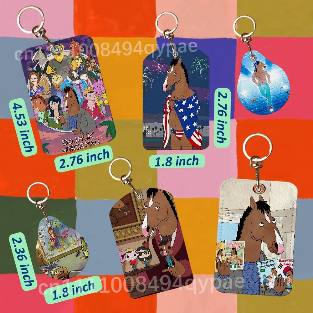 B-BoJack Horseman Leather Access Card Case Anti-lost Card Holder Keychain Accessories Fingerprint-proof Key Tag Ring