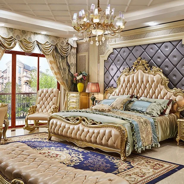 

Европейская двуспальная кровать, кожа первого слоя американского шампанского, краска массива дерева, свадьба, принцесса 1,8 метра