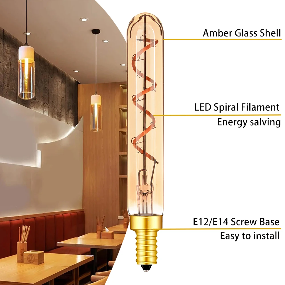 Imagem -04 - Lâmpada Led Tubular Longa Vintage Filamento Espiral Regulável Sala Pingente Fonte de Luz Decorativa E14 E12 110v 220v 3w 2200k