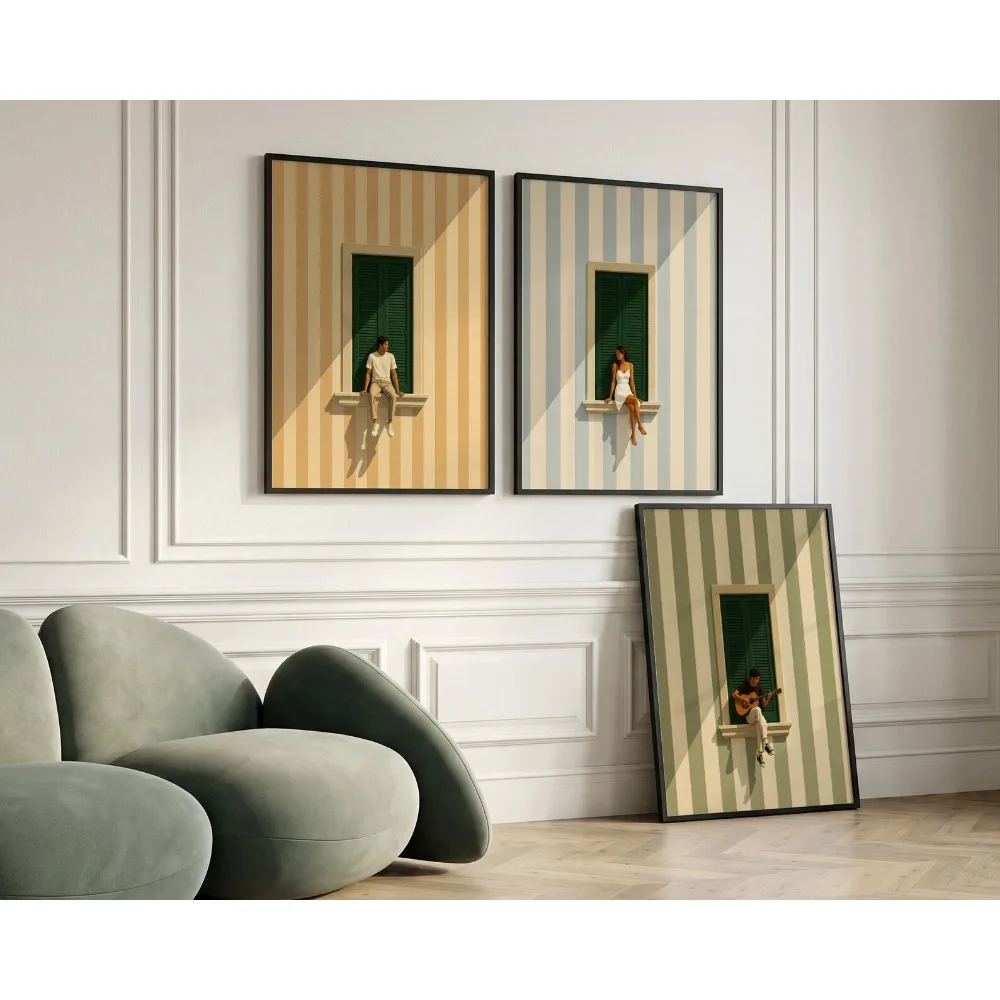 3pcs Frameless Striped Mediterranean Window Wall Art,Simple Sun Shadow Prints,People on Window Sill Posters,Modern Pastel Decor