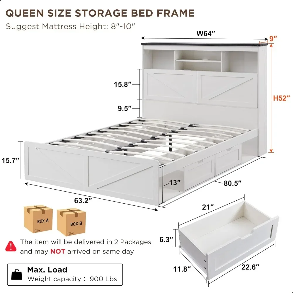 No Box Spring Needed Bed Frame Noiseless Charging Station Bedroom LED Light Queen Bed Frame With Storage White