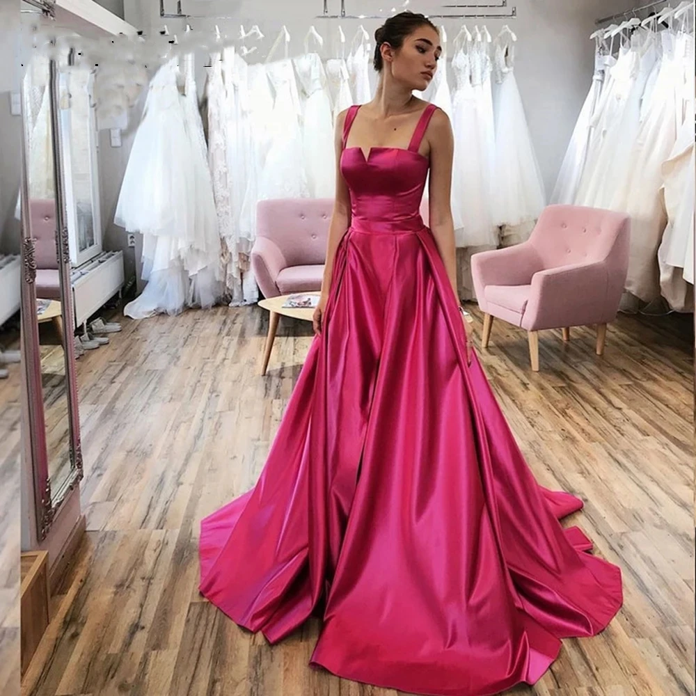 

Romantic Satin A Line Prom Dresses Spaghetti Strap Square Collar Formal Evening Gowns Sweep Train Zipper Back Party Dress